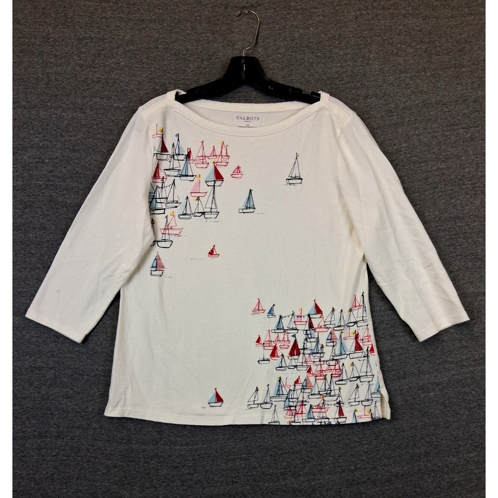 Talbots Womens Shirt Large Petite LP White Sailing Nautical Coastal Preppy
